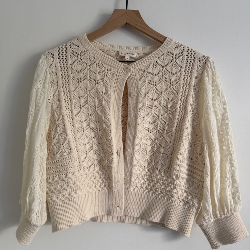 Aaron & Amber Cream Pointelle Knit Cardigan Eyelet Lace Balloon Sleeve